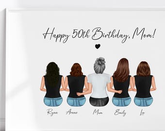 Personalized 50th Birthday Gift for Mom, Custom Family Portrait, Printable Digital Illustration