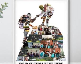May include: A photo collage in the shape of two people climbing a mountain. The collage is made up of many different photos, and the text "YOUR CUSTOM TEXT HERE" is printed below the collage.