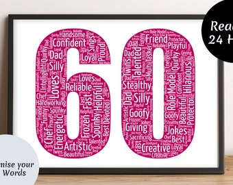 Personalised 60 Word Art Card - 60th Birthday Gifts - Custom Word Art - For Him, Her, Men, Women - Friend, Husband, Wife, Mum, Dad, Grandad