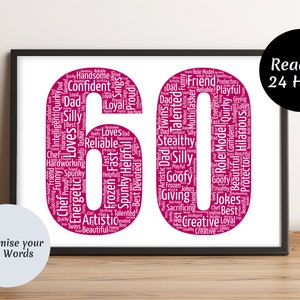 Carte d’art personnalisée de 60 mots - cadeaux du 60e anniversaire - Custom Word Art - Pour lui, Elle, Hommes, Femmes - Ami, Mari, Femme, Maman, Papa, Grand-père
