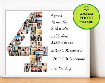 May include: A white framed custom photo collage in the shape of the number 4, filled with multiple photos. The text reads "4 years, 48 months, 208 weeks, 1,460 days, 35,040 hours, 2,100,000 minutes, 126,144,000 seconds... & Counting."