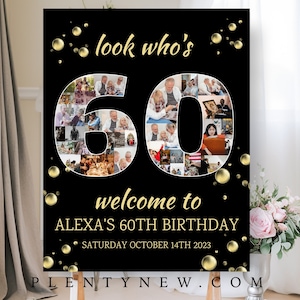 Mira quién tiene 60, plantilla de collage de fotos de 60 cumpleaños en negro y dorado, tablero de collage personalizable, póster de exhibición de sesenta montajes, bricolaje digital