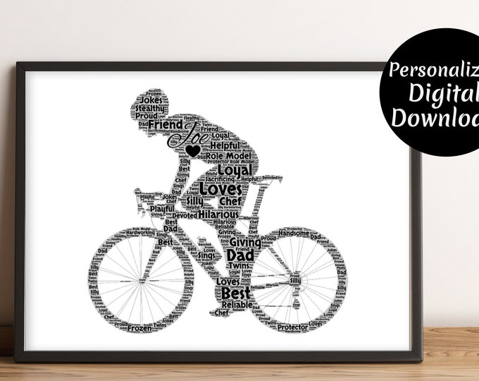 Personalised Cyclist Print - Custom Word Wall Art - Birthday, Fathers Day Cycling Bike Gifts - For Him, Her, Boys, Girls, Men, Women, dad