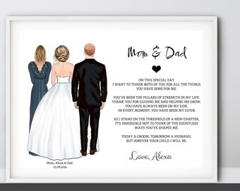 Gift For Mum And Dad On My Wedding Day, Personalised Parents of the Bride Gift, Wedding Poem Gift, Wedding illustration Thank you Gifts