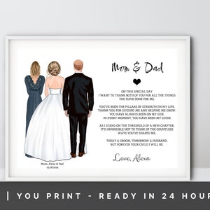 Geschenk für Mama und Papa an meinem Hochzeitstag, personalisierte Eltern der Braut Geschenk, Hochzeitsgedicht Geschenk, Hochzeitsillustration Danke Geschenke