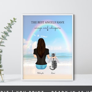 Cat Memorial Gift for her, Personalized Owner and Pet Portrait, Custom Cat Gift, Remembrance Print, Pet Loss Sympathy Gift, Rainbow Bridge,
