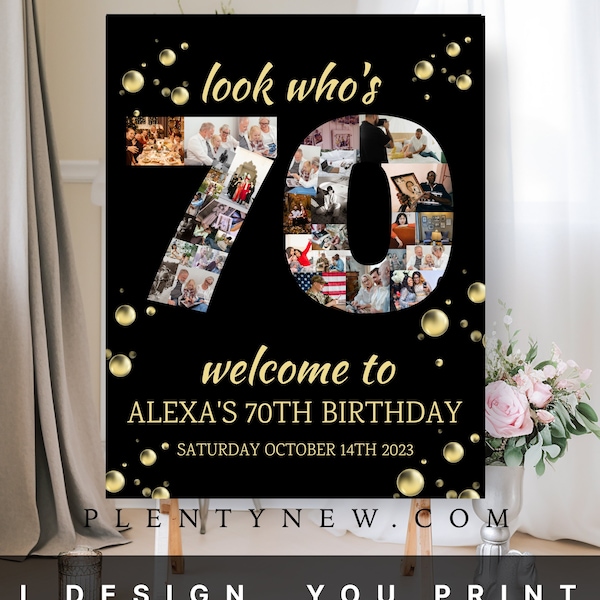 Look Who's 70, Black and Gold 70th Birthday Photo Collage TEMPLATE, Customizable Photo Board, Montage Display Poster, Digital Download DIY