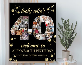 Schwarz 40. Geburtstag Foto-Collage VORLAGE, Look Who's 40, anpassbare Foto-Collage-Platine, Montage Display Poster, digitaler Download DIY