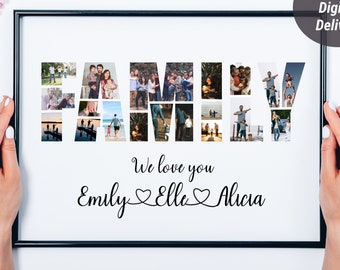 Może przedstawiać: Druk cyfrowy ze słowem "FAMILY" napisanym dużymi literami. Każda litera składa się z kolażu zdjęć rodziny. Tekst "We love you Emily Elle Alicia" jest napisany pod słowem "FAMILY".