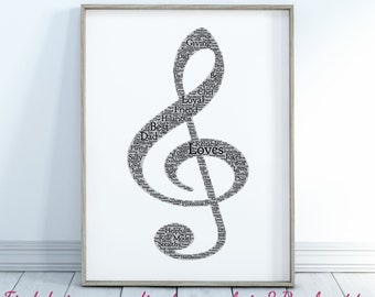 Impresión personalizada de clave de sol - Arte mural con palabras de notas musicales - Regalos de agradecimiento, cumpleaños y para músicos - Para él, ella, hombres, mujeres, niñas y niños