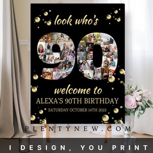 Look Who's 90, modelo de colagem de fotos de 90 anos em preto e dourado, quadro de colagem personalizável, pôster de exibição de montagem, download digital DIY