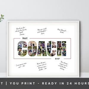Könnte beinhalten: Ein weißer gerahmter Druck mit einer Collage von Fotos, die das Wort "COACH" in braunen Buchstaben bilden. Die Fotos zeigen junge Sportler, die Sport treiben. Der Druck enthält Botschaften der Wertschätzung für den Trainer von den Sportlern, wie z. B. "Danke, dass du immer für mich da warst!" und "Du inspirierst mich immer, härter zu arbeiten."