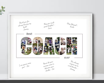 Coach photo collage gift with custom message, End of season collage gift for coach, Thank you coach, baseball basketball soccer football.