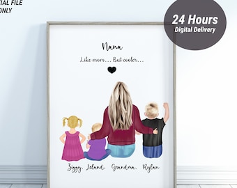 Mothers day gift for Nana, Grandparents and Grandchildren custom wall art, Family Portrait Print, Personalized Grandma gift from Grandkids