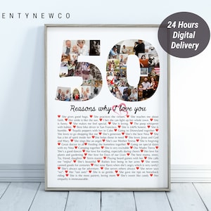 50 powodów, dla których Cię kocham, niestandardowy kolaż zdjęć z numerem, kolaż prezentów urodzinowych na 50. urodziny dla niego lub dla niej, kolaż zdjęć, dlaczego Cię kochamy