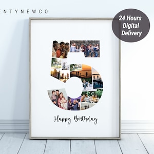 May include: A framed print featuring a large number 5 composed of multiple photographs. The photos depict various people and scenes. The words "Happy Birthday" are written below the number. The print is in a white frame.