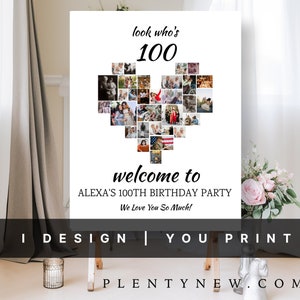 100. Geburtstag Foto-Collage, Look Who's 100, Herz-Collage, anpassbare Fototafel, 100 Geburtstags-Dekoration, Geschenk für Oma, Opa