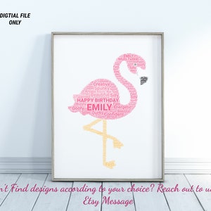 Puede incluir: Impresión de arte de palabras de flamenco rosa con el nombre "Emily" y las palabras "Feliz cumpleaños" en el centro. El flamenco está hecho de palabras que describen a la persona, como "creativo", "artístico", "talentoso", "travieso", "hermoso", "tonto", "enérgico", "tonto", "peculiar" y "seguro de sí mismo".