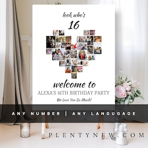 16th Birthday Decoration, Heart Photo Collage, Look Who&#39;s 16, Customized Photo Board, Sixteen Birthday Decor Welcome Sign Birthday Idea
