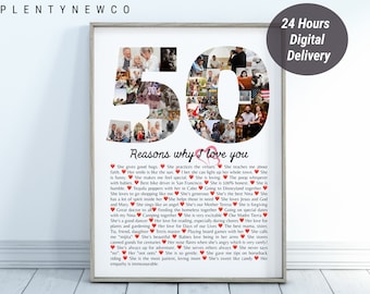 50 reasons why I love you custom photo collage with number, 50th birthday gift collage for him or her, why we love you picture collage