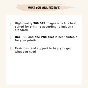 May include: A list of what you will receive when you purchase a digital product. The list includes high-quality 300 DPI images, one PDF and one PNG file, and revisions and support.