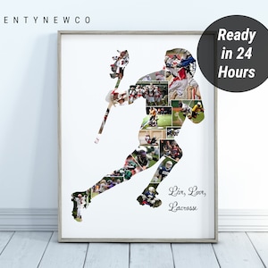 May include: A white lacrosse player silhouette made of a collage of photos of lacrosse players. The text "Live, Love, Lacrosse" is printed below the silhouette.