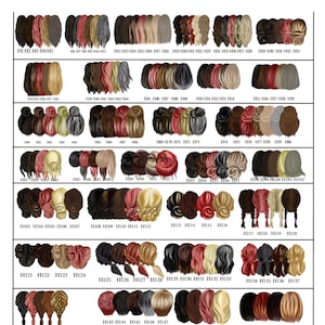 May include: A chart of 155 different hair styles, each with a unique color combination. The hair styles are arranged in rows and columns, and each style is labeled with a number. The chart is a great resource for anyone looking for inspiration for a new hairstyle.