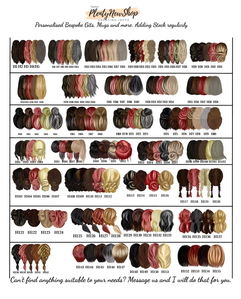 May include: A chart of 155 different hair styles, each with a unique color combination. The hair styles are arranged in rows and columns, and each style is labeled with a number. The chart is a great resource for anyone looking for inspiration for a new hairstyle.