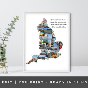 Collage de fotos del mapa de Inglaterra, collage de fotos del mapa de cualquier país, regalo personalizado de recuerdo de vacaciones de viaje de Londres, regalos de viaje, sorpresa de viaje