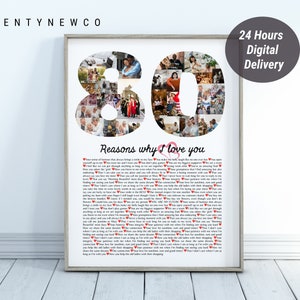 80 raisons pour lesquelles nous vous aimons, idées cadeaux pour 80e anniversaire, collage photo 80e anniversaire avec 80 motifs personnalisés, cadeau à quelqu'un qui fête ses 80 ans