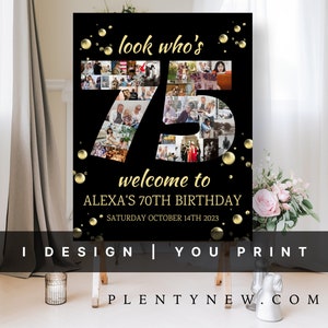 Collage de fotos de cumpleaños número 75 en negro y dorado, Mira quién tiene 75 años, Tablero de collage personalizado, Póster de exhibición de montaje de setenta y cinco, Ideas de regalos para ella