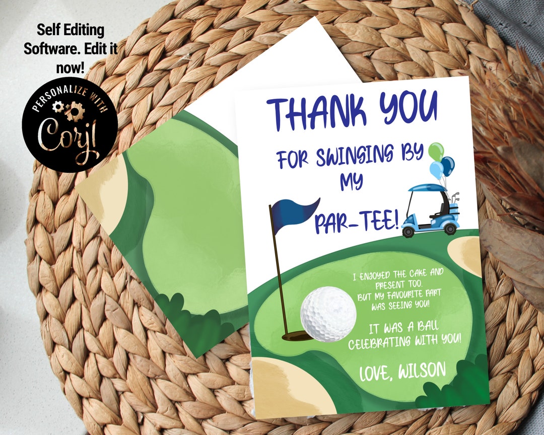 Editable Golf Thank You Card Golfing Birthday Partee Swinging Etsy