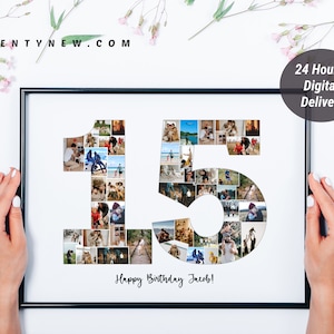 Custom 15th Birthday Photo Collage, Personalized 15th Picture Collage Template, Editable Number Collage Anniversary Gift, Son Daughter Gift
