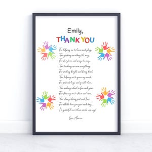 Personalisierter Danke-Gedichtdruck - Wandkunst - Abschiedsgeschenke - Für Schlüsselarbeiter, Kinderbetreuer, Vorschule, Kindergartenlehrer, Lehrhelfer