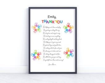 Personalised Thank You Poem Print - Wall Art - Leaving Gifts - For Key Worker, Child Minder, Pre School, Nursery Teacher, Teaching Assistant