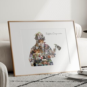Unique fireman gifts: firefighter photo collage for dad and son moments.