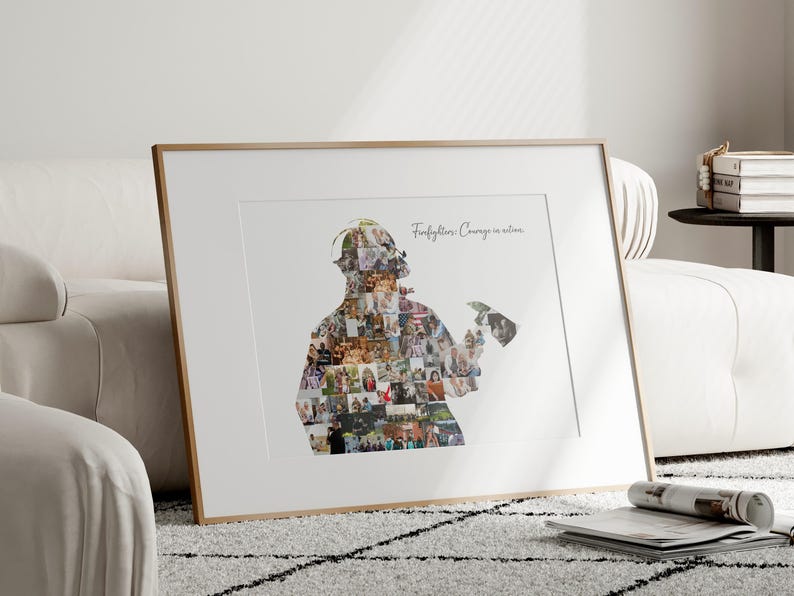 Unique fireman gifts: firefighter photo collage for dad and son moments.