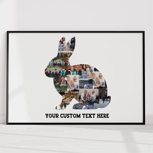 Könnte beinhalten: Ein gerahmtes Fotocollage in Form eines Kaninchens. Die Kaninchensilhouette ist mit mehreren kleineren Fotos gefüllt. Der Rahmen ist schwarz und der Hintergrund ist weiß. Der Text "YOUR CUSTOM TEXT HERE" befindet sich unten.