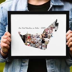 Regalo personalizado de recuerdo de viaje a Dubái, collage de fotos con el mapa de los EAU, collage de fotos con el mapa de cualquier país, regalos de viaje, sorpresa de viaje