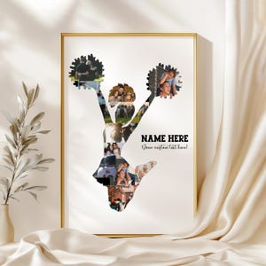 May include: A framed photo collage in the shape of a cheerleader. The collage is filled with various photos and has the text "NAME HERE" and "Your custom text here!" in black. The frame is gold.