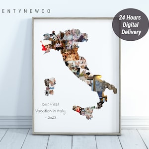Regalo de collage de fotos de mapa de Italia, collage de fotos de mapa de cualquier país, regalo de recuerdo de vacaciones de viaje de Italia personalizado, regalos de viaje, sorpresa de viaje