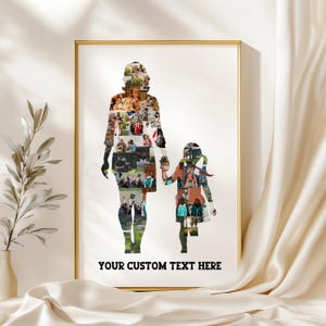 May include: A framed photo collage in the shape of a mother and child holding hands. The silhouettes are filled with various photos. The frame is gold, and the text "YOUR CUSTOM TEXT HERE" is at the bottom. The background is white with a beige curtain.
