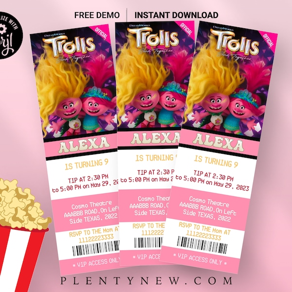 Trolls Band Together Birthday Invitation Trolls Movie Ticket Invite Movie Pass Girl Party Digital EDITABLE Trolls Band Together Invitation