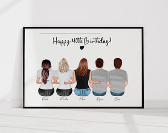 Könnte beinhalten: Ein weißer gerahmter Druck mit dem Text "Happy 40th Birthday!" und einem schwarzen Herzen. Fünf Personen sind auf dem Druck abgebildet, mit dem Rücken zum Betrachter, in Jeans und Hemden. Die Namen "Ruchi", "Pratiha", "Mom", "Ryan" und "Eva" stehen unter den Figuren.