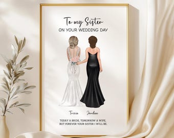 May include: A printable wedding card featuring an illustration of two women in dresses. The bride is wearing a white dress and the other woman is wearing a black dress. The text reads "To my Sister on your Wedding Day" and "Today a bride, tomorrow a wife, but forever your sister I will be."