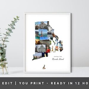 Collage personnalisé de photos de carte de l'état du Rhode Island, cadeau de l'état du Rhode Island - fait sur mesure avec vos photos ! Collage de photos du Rhode Island