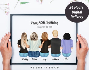 May include: A digital illustration of five people, four women and one man, standing back to back with their arms around each other. The illustration is in a black frame with the text "Happy 60th Birthday" and "February 29, 2021" above the people. The names "Emily", "Mom", "Jeny", "Alison", and "Elle" are written below the people. The text "PLENTYNEWCO" is at the bottom of the frame.