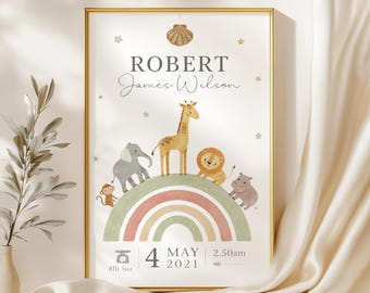 Gepersonaliseerde safaridieren babyprint, kinderkamerposter, geboorte- en gewichtsdetails, nieuw babycadeau, geboortekaartje geboortecadeau baby aandenken
