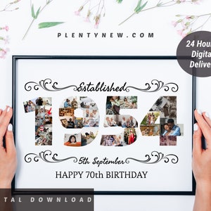 Personalisiertes Bild zum 70. Geburtstag, Geburtsjahr 1954, Zahl Foto Collage, 70. Geburtstagsgeschenk, 70. Jahrestagsgeschenk