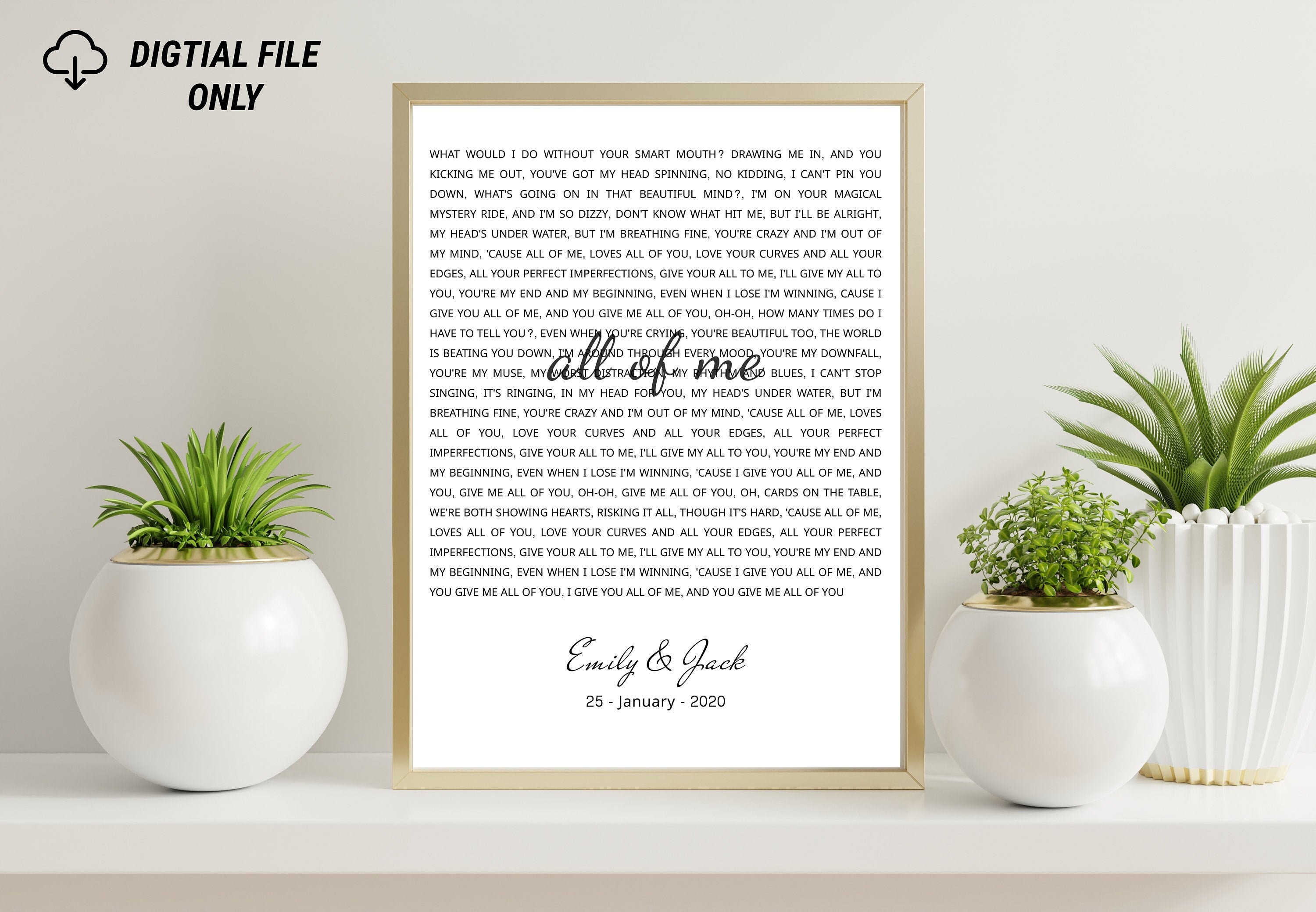 Personalized Song Lyrics Print Custom Wall Art Frame Etsy